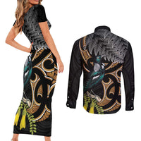 Aotearoa Kowhai Tui Bird Couples Matching Short Sleeve Bodycon Dress and Long Sleeve Button Shirt Maori Ngaru With Silver Fern
