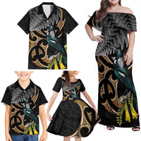 Aotearoa Kowhai Tui Bird Family Matching Off Shoulder Maxi Dress and Hawaiian Shirt Maori Ngaru With Silver Fern