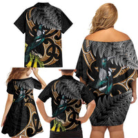 Aotearoa Kowhai Tui Bird Family Matching Off Shoulder Short Dress and Hawaiian Shirt Maori Ngaru With Silver Fern