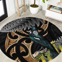Aotearoa Kowhai Tui Bird Round Carpet Maori Ngaru With Silver Fern LT14 Black - Polynesian Pride