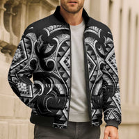 Black Ngaru Taniko With Aotearoa Maori Tattoo Bomber Puffer Jacket - Polynesian Pride