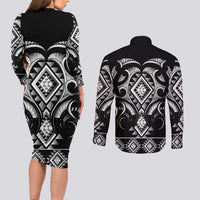 Black Ngaru Taniko With Aotearoa Maori Tattoo Couples Matching Long Sleeve Bodycon Dress and Long Sleeve Button Shirt