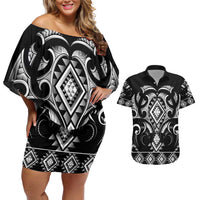 Black Ngaru Taniko With Aotearoa Maori Tattoo Couples Matching Off Shoulder Short Dress and Hawaiian Shirt