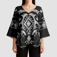 Black Ngaru Taniko With Aotearoa Maori Tattoo Kimono Sleeve Blouse - Polynesian Pride