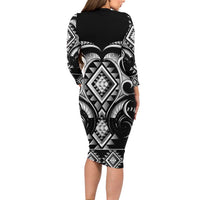 Black Ngaru Taniko With Aotearoa Maori Tattoo Long Sleeve Bodycon Dress LT14 - Polynesian Pride