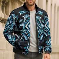 Blue Ngaru Taniko With Aotearoa Maori Tattoo Bomber Puffer Jacket - Polynesian Pride