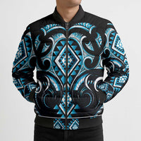 Blue Ngaru Taniko With Aotearoa Maori Tattoo Bomber Puffer Jacket - Polynesian Pride