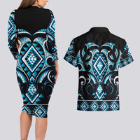 Blue Ngaru Taniko With Aotearoa Maori Tattoo Couples Matching Long Sleeve Bodycon Dress and Hawaiian Shirt