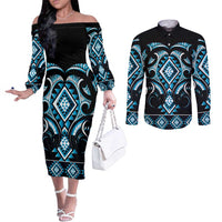 Blue Ngaru Taniko With Aotearoa Maori Tattoo Couples Matching Off The Shoulder Long Sleeve Dress and Long Sleeve Button Shirt