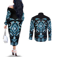 Blue Ngaru Taniko With Aotearoa Maori Tattoo Couples Matching Off The Shoulder Long Sleeve Dress and Long Sleeve Button Shirt