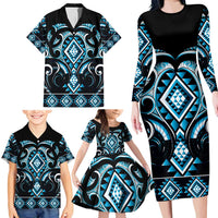 Blue Ngaru Taniko With Aotearoa Maori Tattoo Family Matching Long Sleeve Bodycon Dress and Hawaiian Shirt