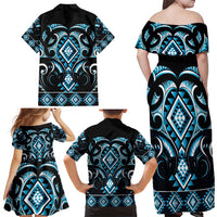 Blue Ngaru Taniko With Aotearoa Maori Tattoo Family Matching Off Shoulder Maxi Dress and Hawaiian Shirt