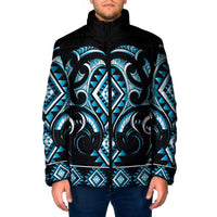 Blue Ngaru Taniko With Aotearoa Maori Tattoo Padded Jacket - Polynesian Pride