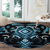 Blue Ngaru Taniko With Aotearoa Maori Tattoo Round Carpet