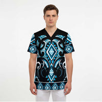 Blue Ngaru Taniko With Aotearoa Maori Tattoo Scrub Top - Polynesian Pride