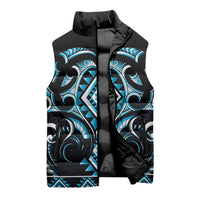 Blue Ngaru Taniko With Aotearoa Maori Tattoo Sleeveless Puffer Jacket - Polynesian Pride