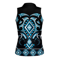Blue Ngaru Taniko With Aotearoa Maori Tattoo Women Sleeveless Polo Shirt