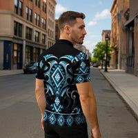 Blue Ngaru Taniko With Aotearoa Maori Tattoo Zipper Polo Shirt - Polynesian Pride