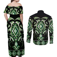 Green Ngaru Taniko With Aotearoa Maori Tattoo Couples Matching Off Shoulder Maxi Dress and Long Sleeve Button Shirt