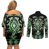 Green Ngaru Taniko With Aotearoa Maori Tattoo Couples Matching Off Shoulder Short Dress and Long Sleeve Button Shirt