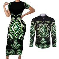 Green Ngaru Taniko With Aotearoa Maori Tattoo Couples Matching Short Sleeve Bodycon Dress and Long Sleeve Button Shirt