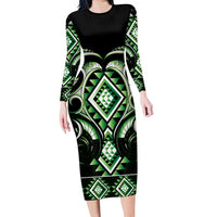 Green Ngaru Taniko With Aotearoa Maori Tattoo Family Matching Long Sleeve Bodycon Dress and Hawaiian Shirt