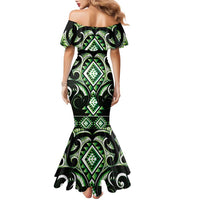 Green Ngaru Taniko With Aotearoa Maori Tattoo Family Matching Mermaid Dress and Hawaiian Shirt