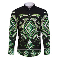 Green Ngaru Taniko With Aotearoa Maori Tattoo Family Matching Off The Shoulder Long Sleeve Dress and Hawaiian Shirt