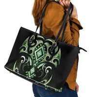 Green Ngaru Taniko With Aotearoa Maori Tattoo Leather Tote Bag