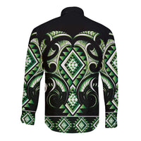 Green Ngaru Taniko With Aotearoa Maori Tattoo Long Sleeve Button Shirt
