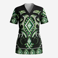 Green Ngaru Taniko With Aotearoa Maori Tattoo Scrub Top - Polynesian Pride