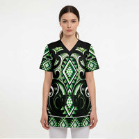 Green Ngaru Taniko With Aotearoa Maori Tattoo Scrub Top - Polynesian Pride