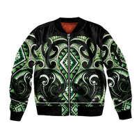 Green Ngaru Taniko With Aotearoa Maori Tattoo Sleeve Zip Bomber Jacket