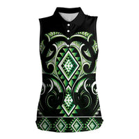 Green Ngaru Taniko With Aotearoa Maori Tattoo Women Sleeveless Polo Shirt