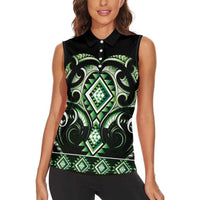 Green Ngaru Taniko With Aotearoa Maori Tattoo Women Sleeveless Polo Shirt