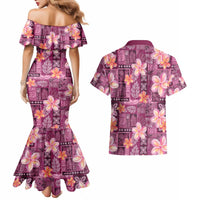 Pink Hawaii Plumeria With Tropical Flowers Motifs Couples Matching Mermaid Dress and Hawaiian Shirt