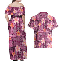 Pink Hawaii Plumeria With Tropical Flowers Motifs Couples Matching Off Shoulder Maxi Dress and Hawaiian Shirt