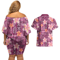 Pink Hawaii Plumeria With Tropical Flowers Motifs Couples Matching Off Shoulder Short Dress and Hawaiian Shirt