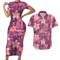 Pink Hawaii Plumeria With Tropical Flowers Motifs Couples Matching Short Sleeve Bodycon Dress and Hawaiian Shirt