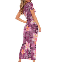 Pink Hawaii Plumeria With Tropical Flowers Motifs Family Matching Short Sleeve Bodycon Dress and Hawaiian Shirt