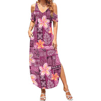 Pink Hawaii Plumeria With Tropical Flowers Motifs Family Matching Summer Maxi Dress and Hawaiian Shirt