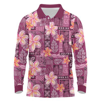 Pink Hawaii Plumeria With Tropical Flowers Motifs Long Sleeve Polo Shirt