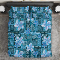 Cyan Hawaii Plumeria With Tropical Flowers Motifs Bedding Set