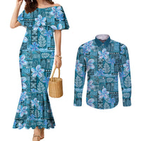 Cyan Hawaii Plumeria With Tropical Flowers Motifs Couples Matching Mermaid Dress and Long Sleeve Button Shirt