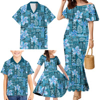 Cyan Hawaii Plumeria With Tropical Flowers Motifs Family Matching Mermaid Dress and Hawaiian Shirt