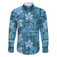 Cyan Hawaii Plumeria With Tropical Flowers Motifs Family Matching Off The Shoulder Long Sleeve Dress and Hawaiian Shirt