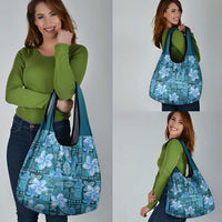 Cyan Hawaii Plumeria With Tropical Flowers Motifs Grocery Bag