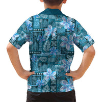 Cyan Hawaii Plumeria With Tropical Flowers Motifs Kid Hawaiian Shirt