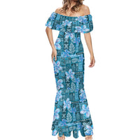Cyan Hawaii Plumeria With Tropical Flowers Motifs Mermaid Dress
