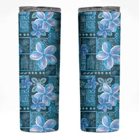 Cyan Hawaii Plumeria With Tropical Flowers Motifs Skinny Tumbler